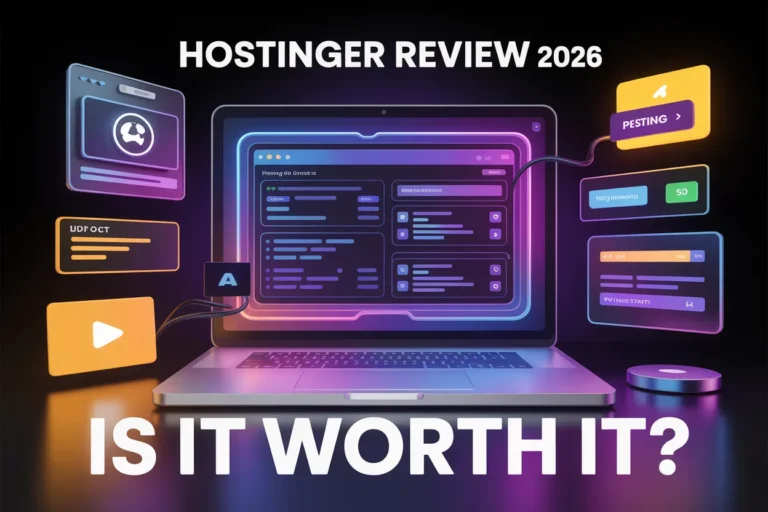Hostinger Review 2026 Modern thumbnail showing futuristic web hosting dashboard, glowing pricing plans, and professional laptop setup with purple and orange lighting.