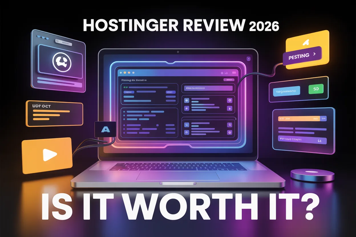 Hostinger Review 2026 Modern thumbnail showing futuristic web hosting dashboard, glowing pricing plans, and professional laptop setup with purple and orange lighting.