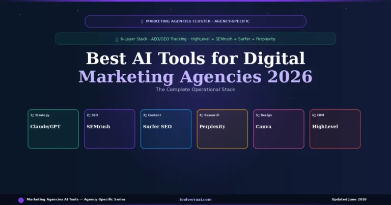 Best AI tools for digital marketing agencies 2026 — 6-layer stack with Claude, SEMrush, Surfer SEO, Perplexity, Canva, HighLevel