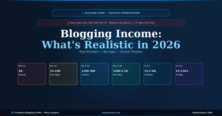 Blogging income realistic 2026 — real data income timeline from month 0 to year 4