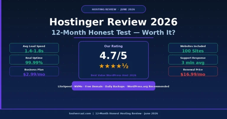 Hostinger review 2026 - rating 4.7 out of 5 - 1.8s load speed 99.99 percent uptime $2.99 per month