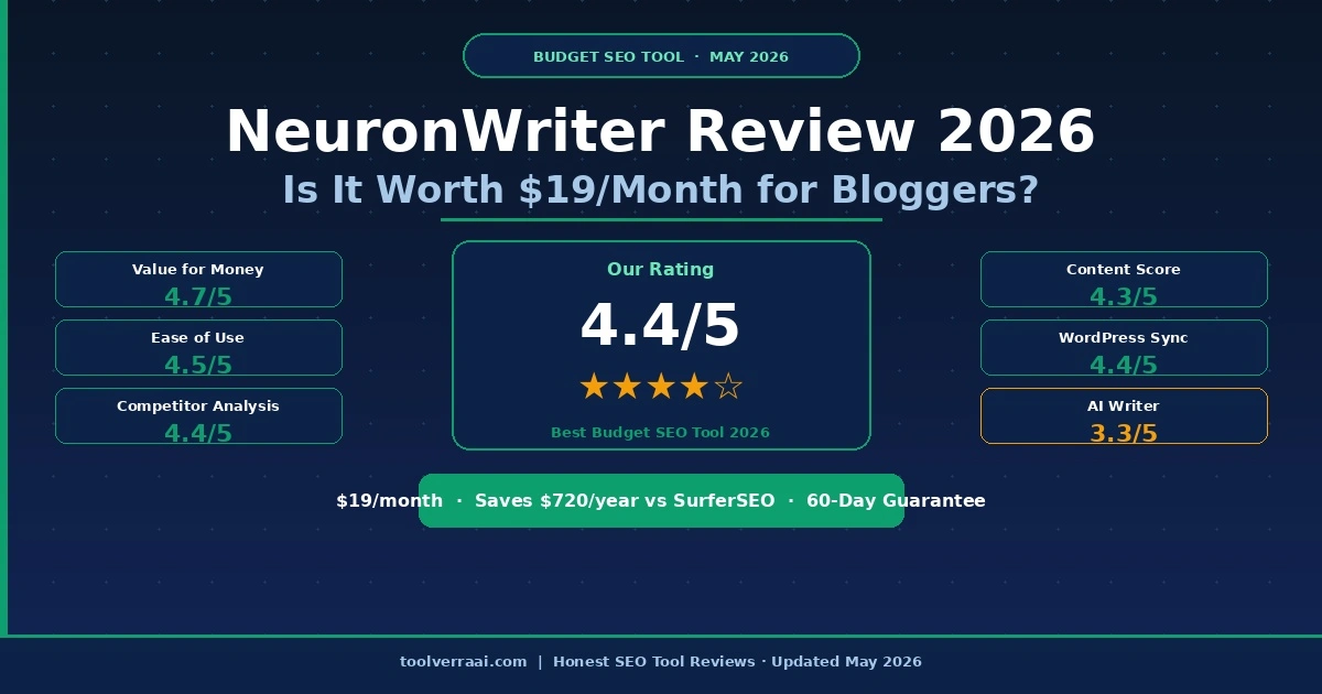 NeuronWriter review 2026 - rating 4.4 out of 5 - is it worth 19 dollars per month