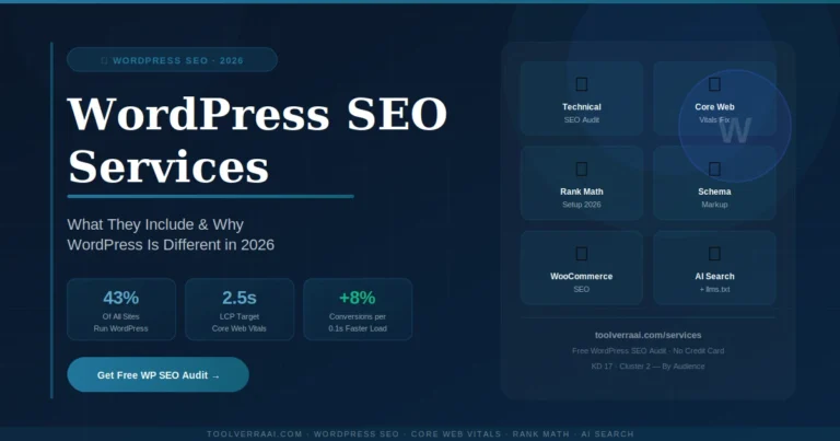 WordPress SEO services in 2026 — technical audit, Core Web Vitals, Rank Math setup, schema markup and AI search optimization