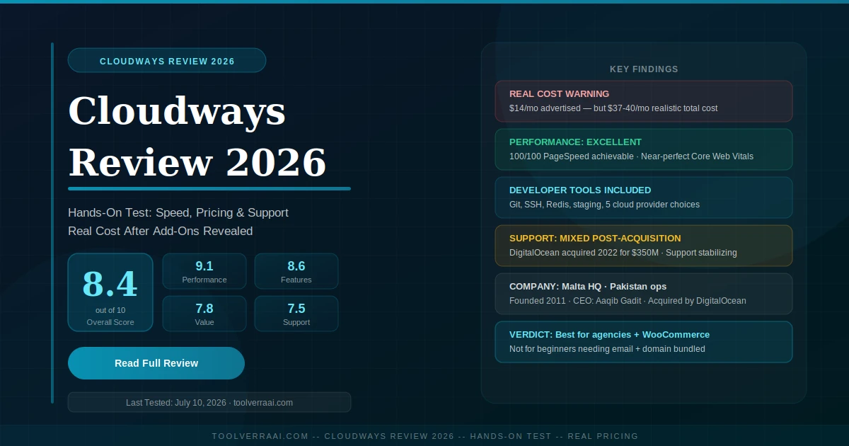 Cloudways review 2026 — overall score 8.4/10, tested performance 9.1/10, real cost $37-40/month, DigitalOcean acquisition impact, honest verdict for agencies and WooCommerce