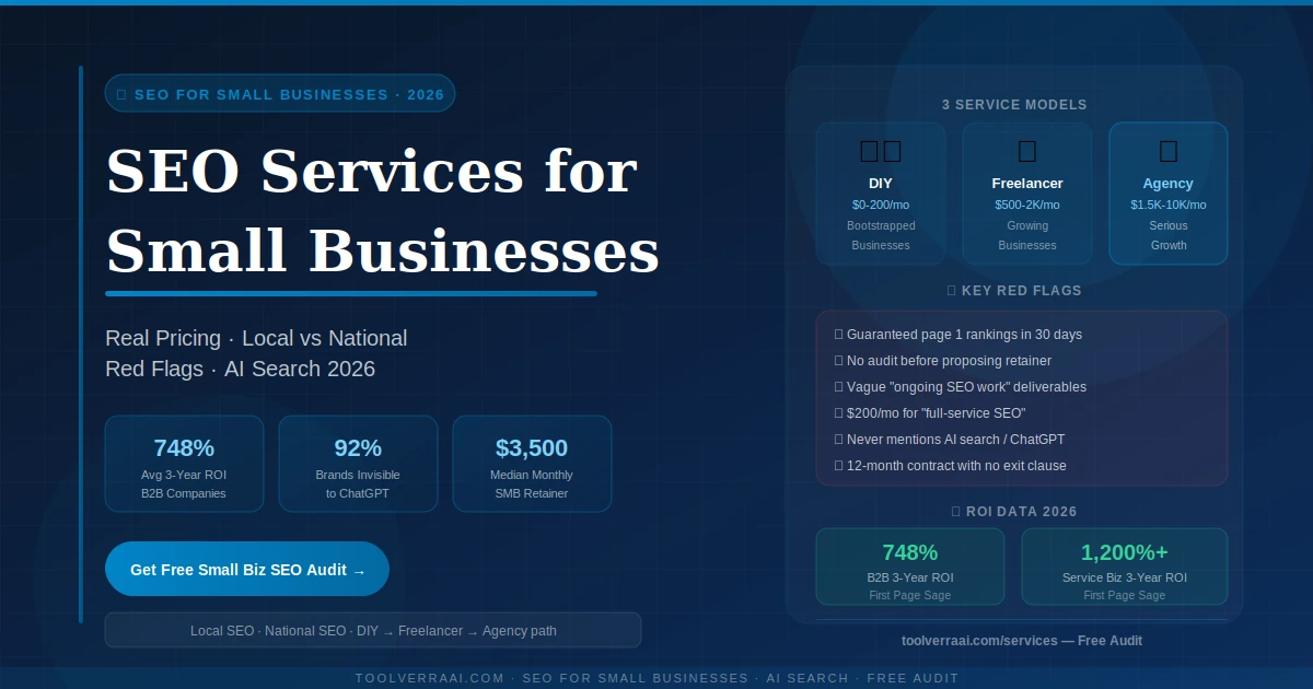 SEO services for small businesses in 2026 — real pricing tiers, local vs national SEO, DIY vs agency guide and AI search optimization